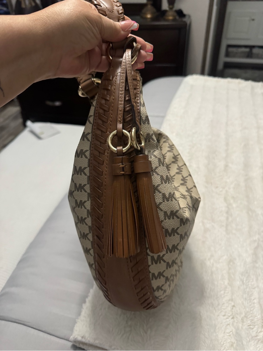 Michael Kors Beige and Brown MK Logo Crescent Hobo - Picture 7 of 7